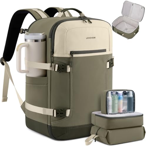 LOVEVOOK 50L Travel Backpack for Women & Men, Airline Approved Carry On Backpack with 3 Packing Cubes, TSA Personal Item Bag, Waterproof Weekender Overnight Backpack Fits 17" Laptop - color: Beige - Green Beans - Olive Green, size: X-Large-50L-4Pcs