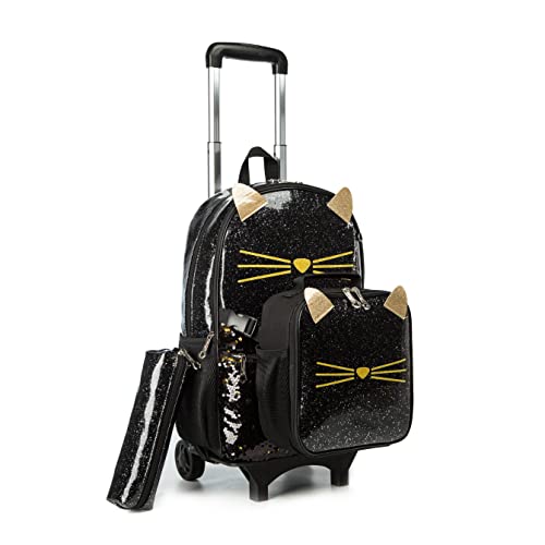 Meetbelify Girls Rolling Backpack Sequin Rolling Backpacks with Wheels for Girls for Elementary School Bag - color: Sequin Cat Black