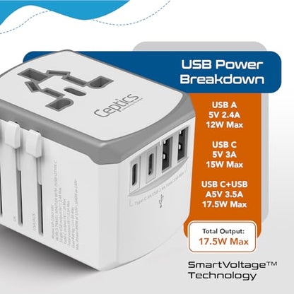 Ceptics 5 in 1 Travel Adapter Worldwide, Universal Socket, 2 USB-A + USB-C - color: White/Silk