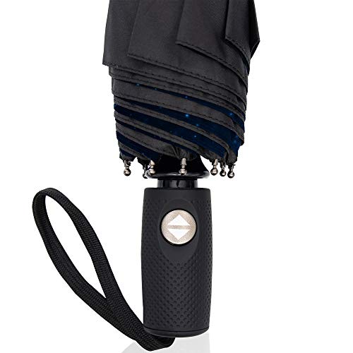 RainPlus Windproof Travel Umbrella - Compact, Automatic, Folding and Portable - Umbrellas For Rain for Men and Women - Car, Backpack, Purse, Strong & Wind Resistant - color: Black/Galaxy