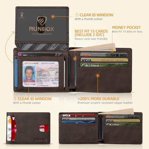 RUNBOX Wallet for Men -Slim Rfid Leather Mens Bifold Novelty Wallets 2 ID Window With Gift Box Men's Accessories - color: CH DARK BROWN
