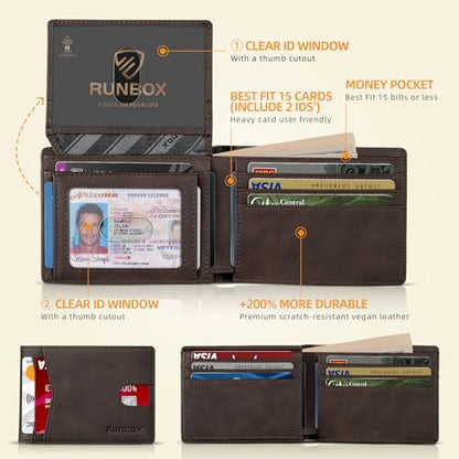 RUNBOX Wallet for Men -Slim Rfid Leather Mens Bifold Novelty Wallets 2 ID Window With Gift Box Men's Accessories - color: CH DARK BROWN