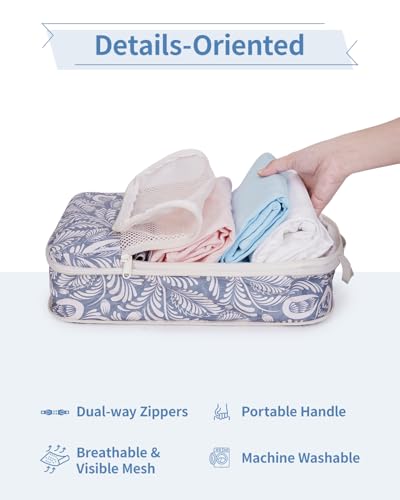 Narwey Compression Packing Cubes for Travel, Cute Luggage Organizer Bags - color: Y-Blue Leaf