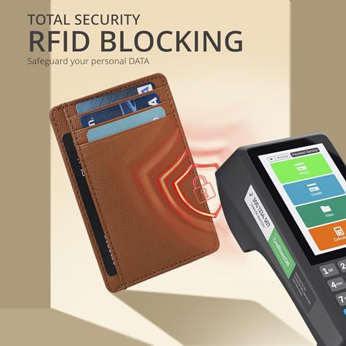 Leather Wallet for Men and Women - RFID Blocking Slim Front Pocket Holder - color: Cognac