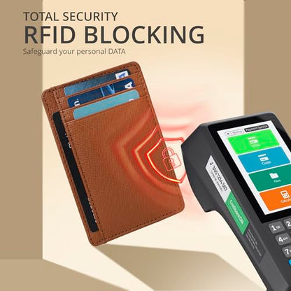 Leather Wallet for Men and Women - RFID Blocking Slim Front Pocket Holder - color: Cognac
