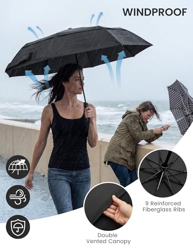 G4Free 42 Inch Travel Umbrella, Compact Vented Windproof Umbrella for Rain | Double Canopy, Lightweight & Strong, Automatic & Foldable, For Men & Women, Fits Car, Backpack & Commuting - color: Black