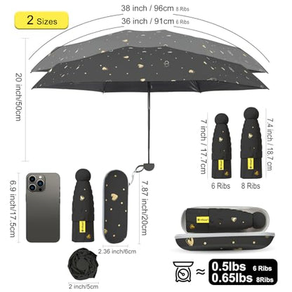 Mini Travel Umbrella, UPF 50+ Purse Umbrella with Case and Carabiner - color: Black with Heart-8 Ribs