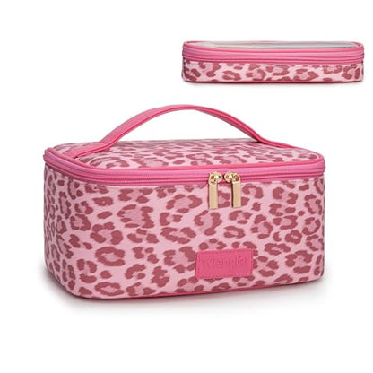 Wrangler Travel Makeup Bag 2pcs Set Cosmetic Bag with Makeup Brush Holder - color: Leopard-Pink