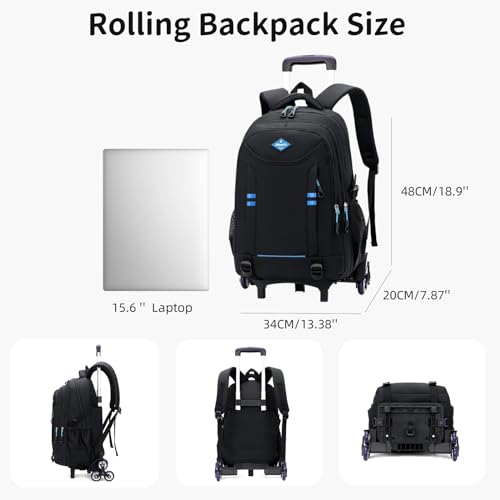 Rolling Backpack for Boys Elementary School Bag with Wheels Travel Trolley Bag 2 wheels and 6 wheels - color: Black/Green 6 Wheels, size: 6 wheels