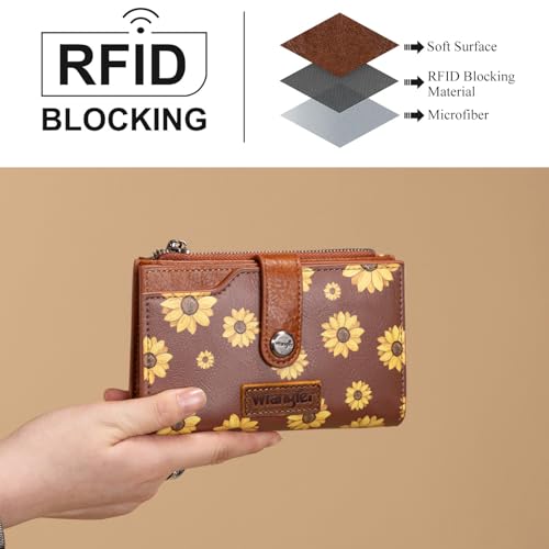 Wrangler Wallet for Women Bifold Card Holder with Zipper and ID Window - color: Daisy-Brown