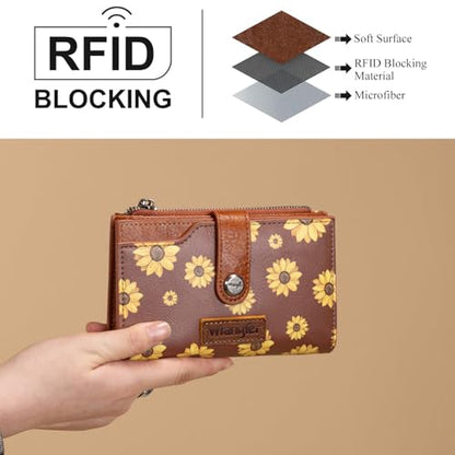 Wrangler Wallet for Women Bifold Card Holder with Zipper and ID Window - color: Daisy-Brown