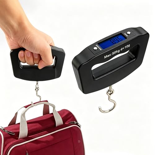 Digital Luggage Scale 50kg 10g Precision with LCD Display, Portable Hanging Hook for Travel, Home Kitchen and Fishing, Black