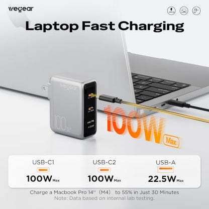 wegear 100W GaN USB C Charger Block, 3-Port Slim Foldable Wall Charger - color: Silver