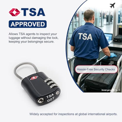 TSA Locks for Luggage, Small Padlock Combination with Cable, Luggage Locks TSA Approved, Combo Padlock with Code, for Travel Suitcase, Gym Locker, Gun Case, Backpack Zipper (Black+Black) - color: Black+Black