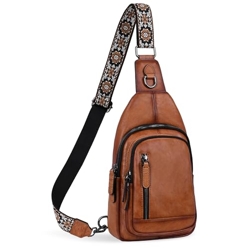 HESHE Leather Sling Bag for Women RFID Crossbody Purse Fanny Pack Chest Bag - color: Light Brown