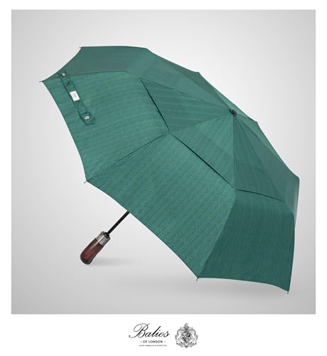 Balios Folding Umbrella Real Wood Handle Auto Open Close - color: Herringbone Jade Green