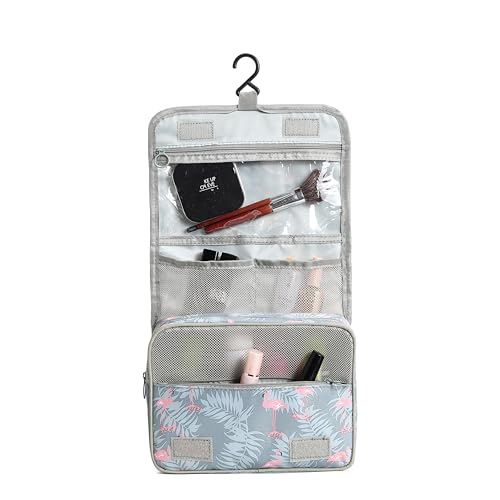 Sechunk Waterproof Travel Toiletry Bags Hanging Multi-function Cosmetic Bag Makeup Bag for Women - color: greyFlamingo