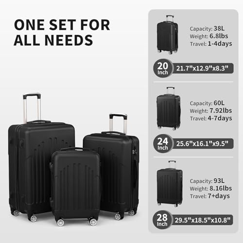 Karl home Luggage Set 3 Piece Hardshell Suitcases with TSA Lock, Black - color: Black, size: 3 Piece Set (20/24/28 Inch)