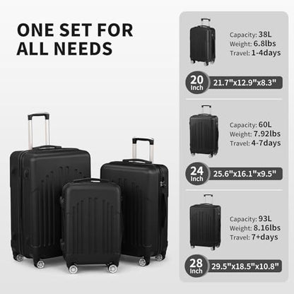 Karl home Luggage Set 3 Piece Hardshell Suitcases with TSA Lock, Black - color: Black, size: 3 Piece Set (20/24/28 Inch)