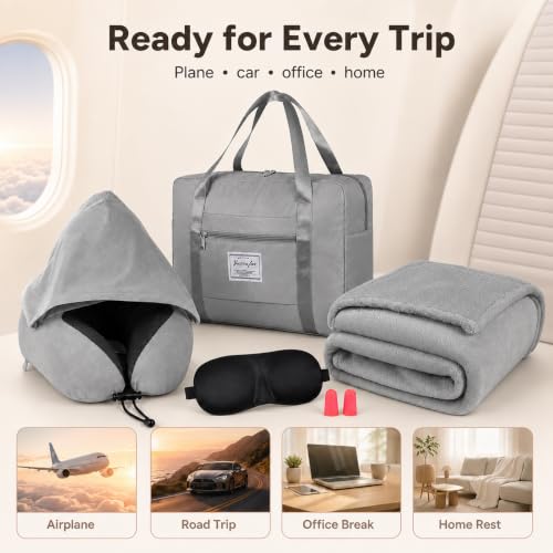 Travel Blanket and Pillow Set - Hooded Neck Pillow Airplane Essentials Grey - color: Grey