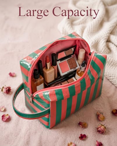 LETGO Preppy Pink Green Stripe Sunscreen Bag Clear Makeup Toiletry Pouch Beach Vacation Essentials for Women Teen Girls Trip Gifts Summer Pool Travel Must Have Accessories(Stripe-Pink Green) - color: Stripe-Pink Green