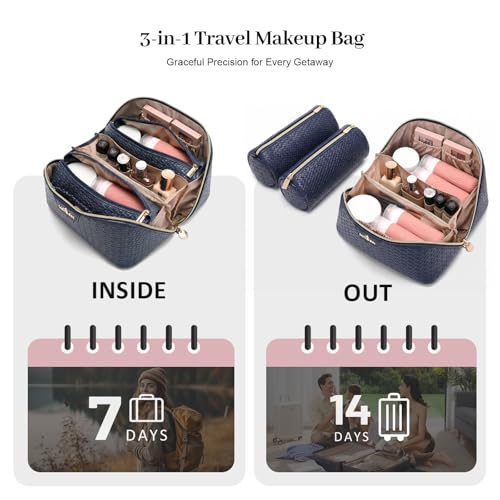 Travel Makeup Bag for Women: 3 Pcs Set Vagen Leather Cosmetic Bag - color: 02Blue
