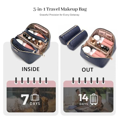 Travel Makeup Bag for Women: 3 Pcs Set Vagen Leather Cosmetic Bag - color: 02Blue