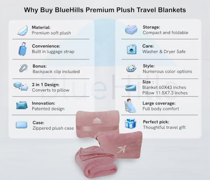 BlueHills Premium Soft Plush Mini Travel Blanket Pillow Car Dusty Rose Pink - color: Pink-m02