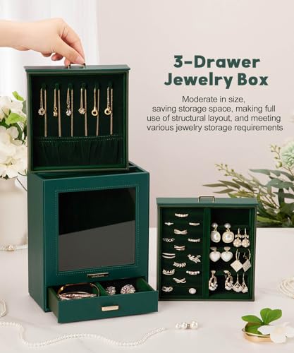 Homde Display Jewelry Box for Girls: Starter Organizer with Clear Window - color: Forest Green + Gold