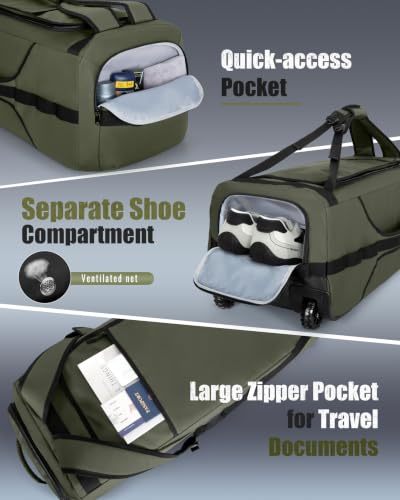 Smasrob 83L Rolling Duffle Bag with Wheels and Backpack Straps, Green - color: Green
