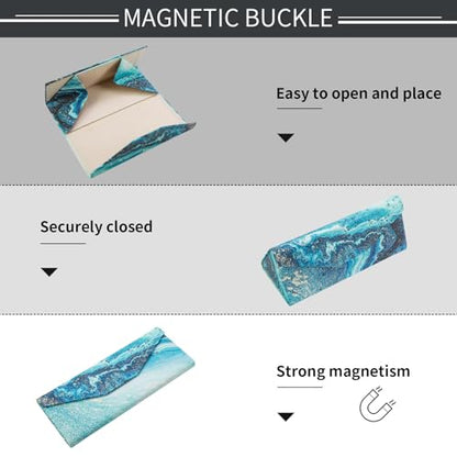 Foldable Glasses Case, Magnetic PU Leahter Sunglasses Case, Cute Hard Shell Folding Eyeglass Cases for Women Kids - color: Blue Sand