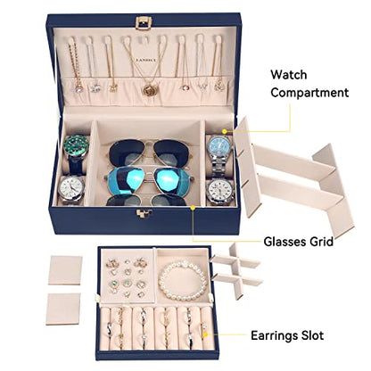 LANDICI 2-Layer Jewelry Box with 4 Watch Slots, Grey - color: Dark Blue