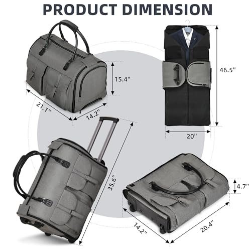 Garment Bags for Travel, 2-in-1 Convertible Rolling Duffle Bag with Wheels, Modern Carry-on Travel Bag for Suits, Foldable Suit Bag, Telescopic Handle, Hanging Hook - color: Modern Grey