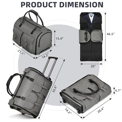Garment Bags for Travel, 2-in-1 Convertible Rolling Duffle Bag with Wheels, Modern Carry-on Travel Bag for Suits, Foldable Suit Bag, Telescopic Handle, Hanging Hook - color: Modern Grey