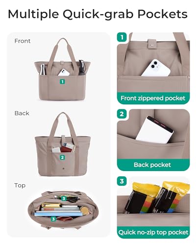BAGSMART Tote Bag for Women, Foldable Tote Bag With Zipper Travel Shoulder Bag Handbag for Work - color: Grayish Brown