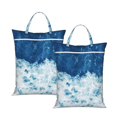 "blue and white wave beach cool 2-Pack Travel Laundry Bags for Dirty Clothes- Large Waterproof Laundry Tote, Wet & Dry Use, Reusable Foldable Carry Handles for Vacation, Gym & Dorm" - color: Blue And White Wave Beach Cool