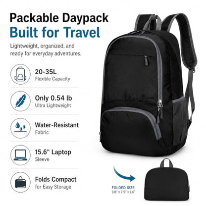 Foldable Backpack Waterproof Lightweight, 20-35L Packable Travel Daypack for Men & Women, High-Density Fabric for Air Travel, Hiking, Beach, Theme Parks, Gym & Shopping