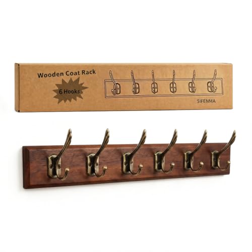 Wall Mounted Coat Rack with Solid Wood, 6 Bronze Metal Hooks – 23.22 Inch Rustic Brown Entryway Organizer for Hanging Coats, Hats, Jackets, Scarves, Bags, for Hallway, Bedroom, Bathroom（6Hooks） - size: Medium