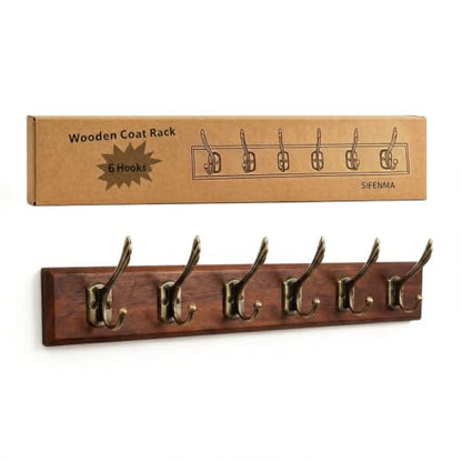 Wall Mounted Coat Rack with Solid Wood, 6 Bronze Metal Hooks – 23.22 Inch Rustic Brown Entryway Organizer for Hanging Coats, Hats, Jackets, Scarves, Bags, for Hallway, Bedroom, Bathroom（6Hooks） - size: Medium
