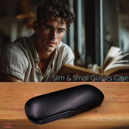 MyEyeglassCase Men Small Glasses case - Eyeglasses Hard Shell Holder Pouch & Cloth-Reading Slim & Narrow Case Heavy Duty - color: Black Classic