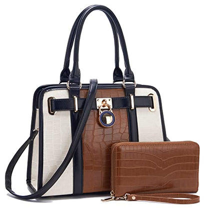 Qiyuer Structured Satchel Tote Handbags Set Women Purses with RFID Wallet - color: B3-2pcs/Set Brownbeige