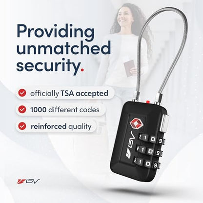 BV Luggage Locks TSA Accepted, Travel Sentry Approved 3-Digit Combination Suitcase Locks with Open Alert & Flexible Cable for Travel, Backpacks, Lockers, Cases, Black, 4 Pack - color: Black 4-Pack
