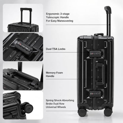 20" Aluminum Frame Carry-On with Front Pocket & USB Port - color: Black