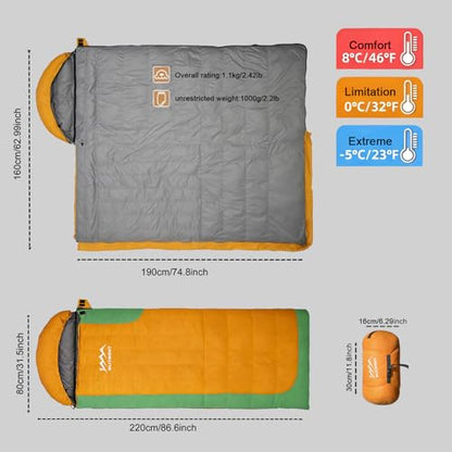 3-in-1 Lightweight Down Sleeping Bag for Adults and Teens | with Detachable Hood,Compact, 20°F 32°F 45°F Rectangular Down Blanket Sleeping Bag,Camping Hiking and Backpacking Outdoor - color: orange 500g filling
