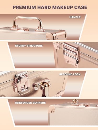 Qislee Makeup Box with Detachable Magnetic LED Mirror, Travel Train Case - color: Rose Gold, size: Small