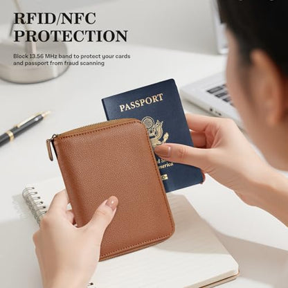 CoBak Passport Holder Cover with Safe Zipper Closure - color: Brown