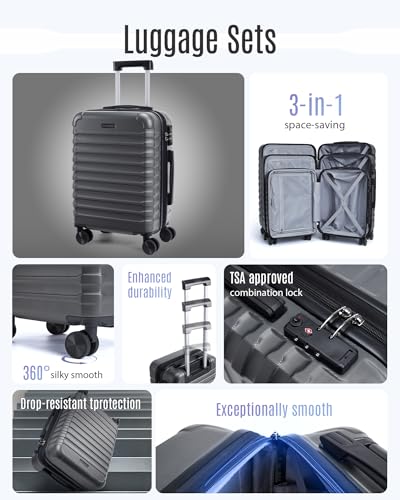 LIGHT FLIGHT Luggage Sets 3 Pcs Suitcase with Wheels,20"/24"/28",Gray - color: Gray, size: 3-Piece Set-20 Inch/24 Inch/28 Inch