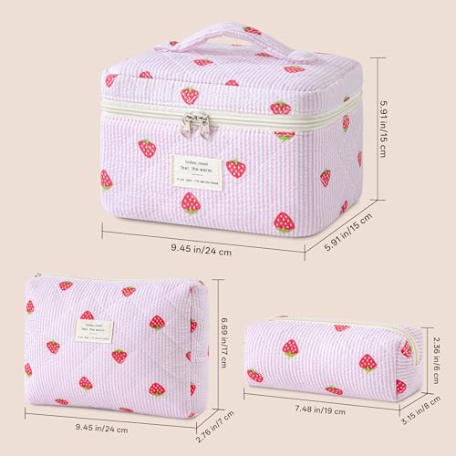 HBselect Quilted Makeup Bag, 3Pcs Cotton Large Travel Makeup Bags Organizer - color: A-3PCS-Floral 47