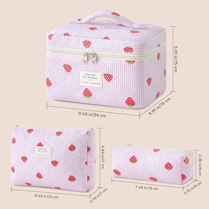 HBselect Quilted Makeup Bag, 3Pcs Cotton Large Travel Makeup Bags Organizer - color: A-3PCS-Floral 47