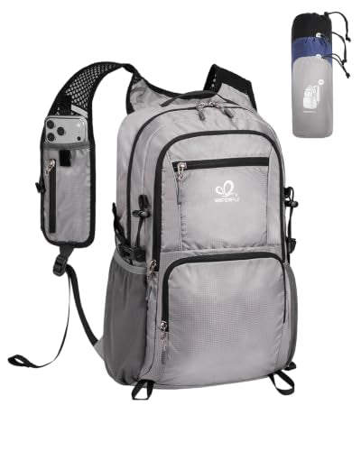 WATERFLY Packable Hiking Backpack, 20L Small Lightweight Foldable Daypack | Phone Pocket, Only 3 Steps Foldable, Breathable Shoulder Strap, Comfortable Folding Bag Pack for Women Men Travel Outdoor - color: Grey
